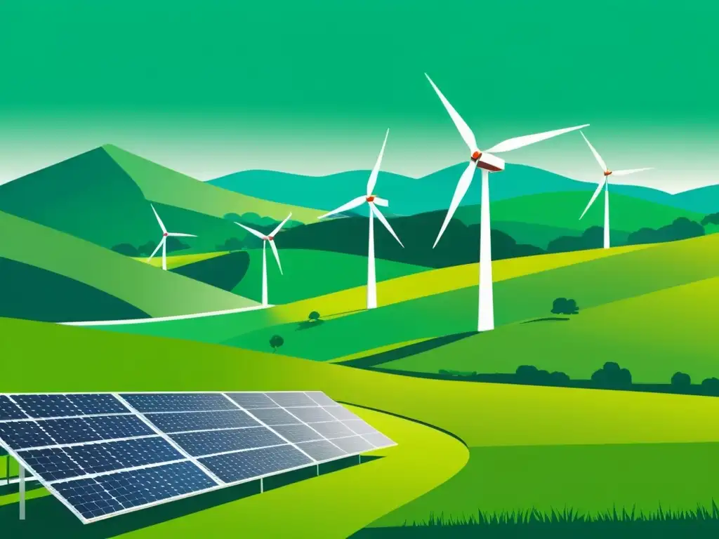 Armonía renovable: energía verde y propiedad Derechos de propiedad en energías renovables: Ilustración minimalista de un campo de energía verde con turbinas eólicas y paneles solares modernos