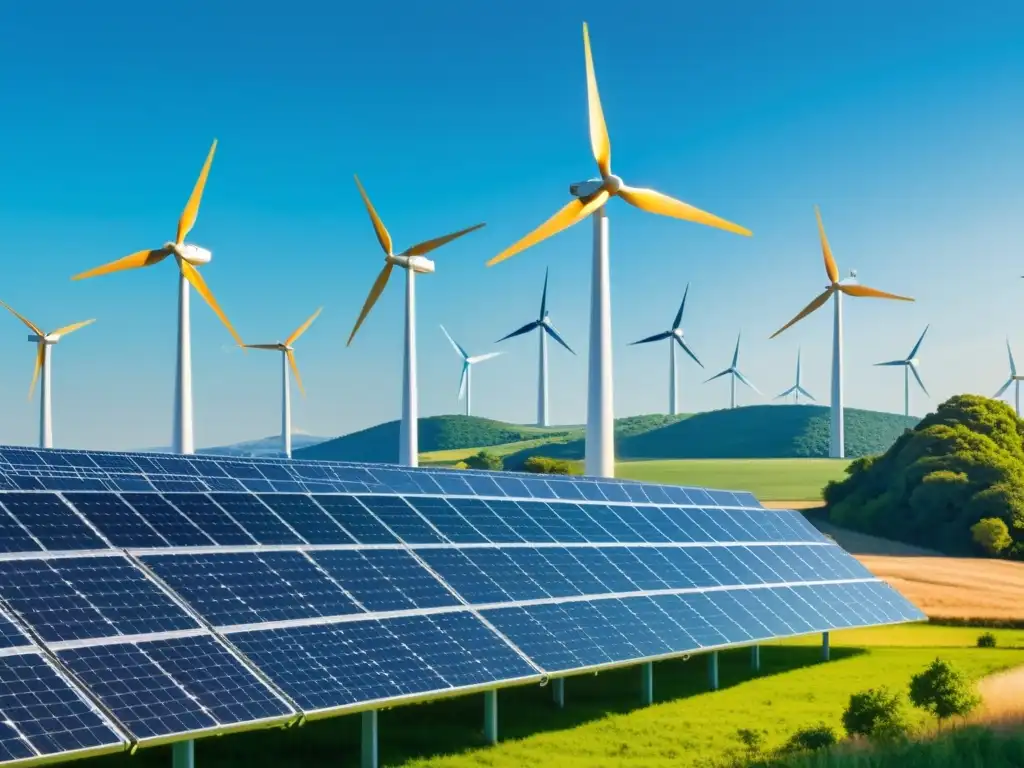 Energía renovable en armonía con la naturaleza Derechos de propiedad en energías renovables: Ilustración minimalista de un paisaje bañado por el sol, con turbinas eólicas y paneles solares integrados armoniosamente en el entorno natural, transmitiendo progreso sostenible y armonía con la naturaleza