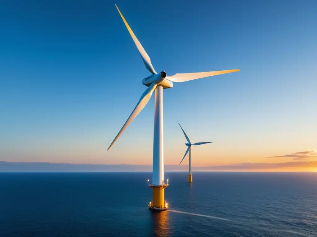 Desafíos logísticos en la instalación de parques eólicos: imponente turbina offshore blanca sobre el mar, con el sol dorado al atardecer