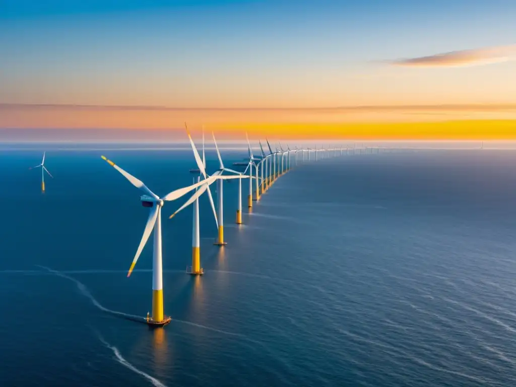 Desafíos en mantenimiento parques eólicos: Imponente parque eólico marino al amanecer, con turbinas frente al horizonte y reflejos dorados en el mar