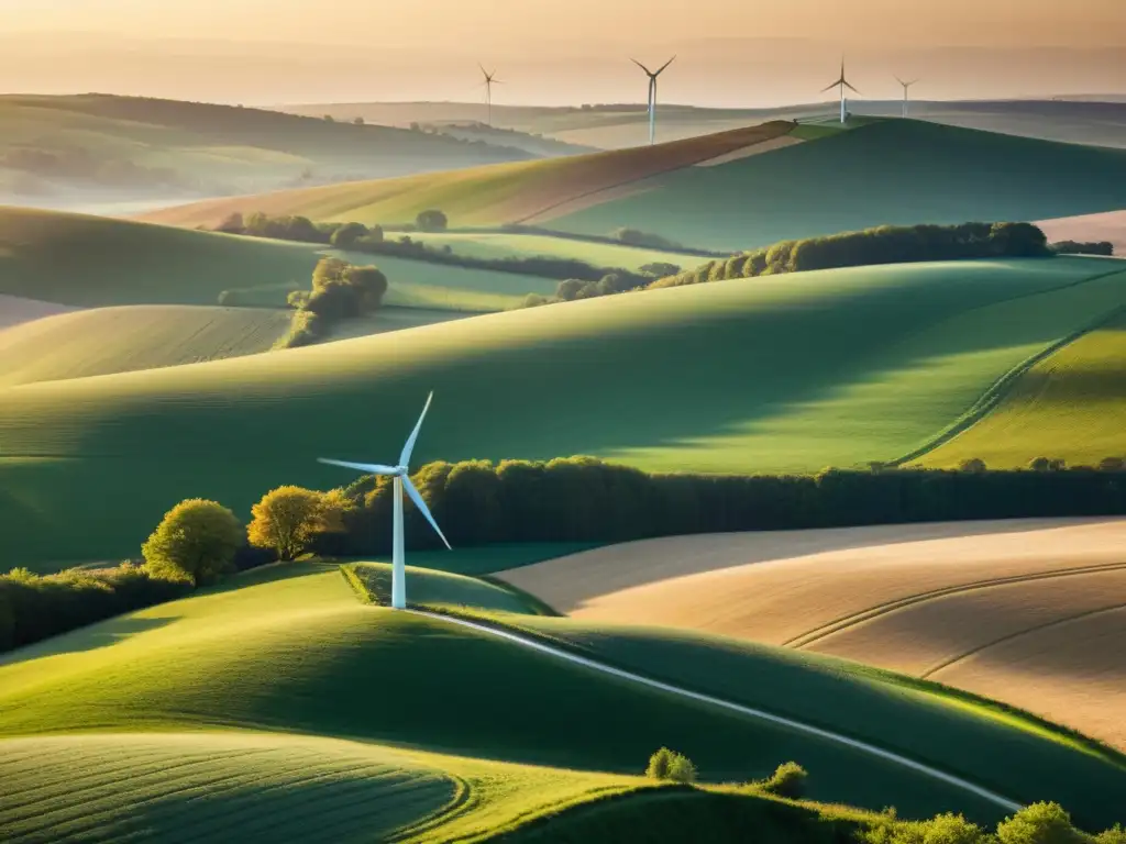 Desarrollo rural con energía renovable: paisaje rural al amanecer con molino de viento al fondo, transmitiendo tranquilidad y esperanza sostenible