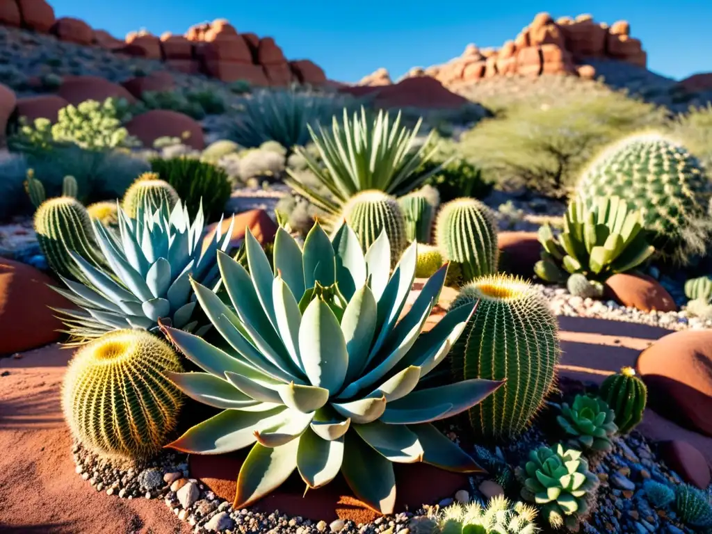 Un jardín desértico sereno con suculentas y cactus, destacando la belleza natural del entorno árido