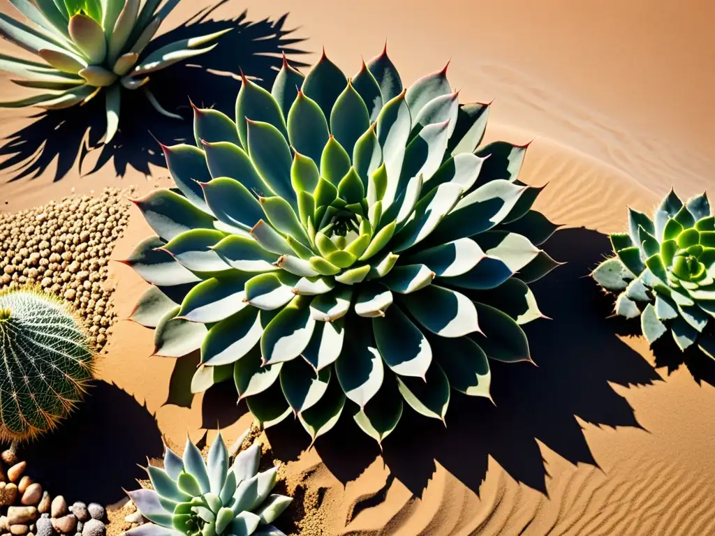 Un jardín desértico sostenible con suculentas y cactus, armonía y belleza natural en climas áridos