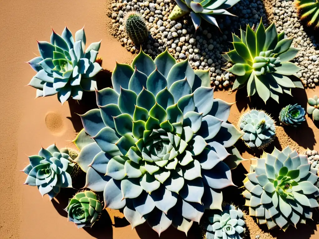 Un jardín desértico sostenible con suculentas y cactus en patrón armónico