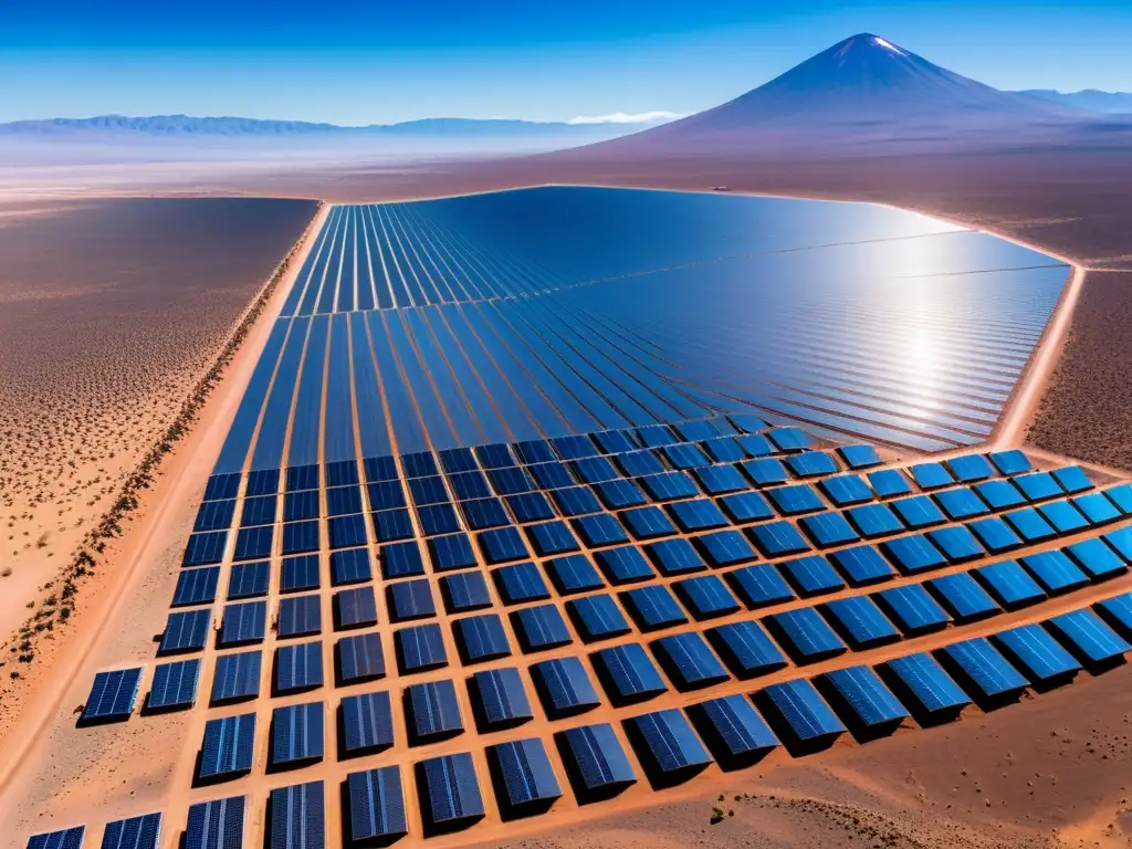 Desierto de Atacama en Chile con paneles solares brillando, reflejando el compromiso de Chile con políticas de energías renovables