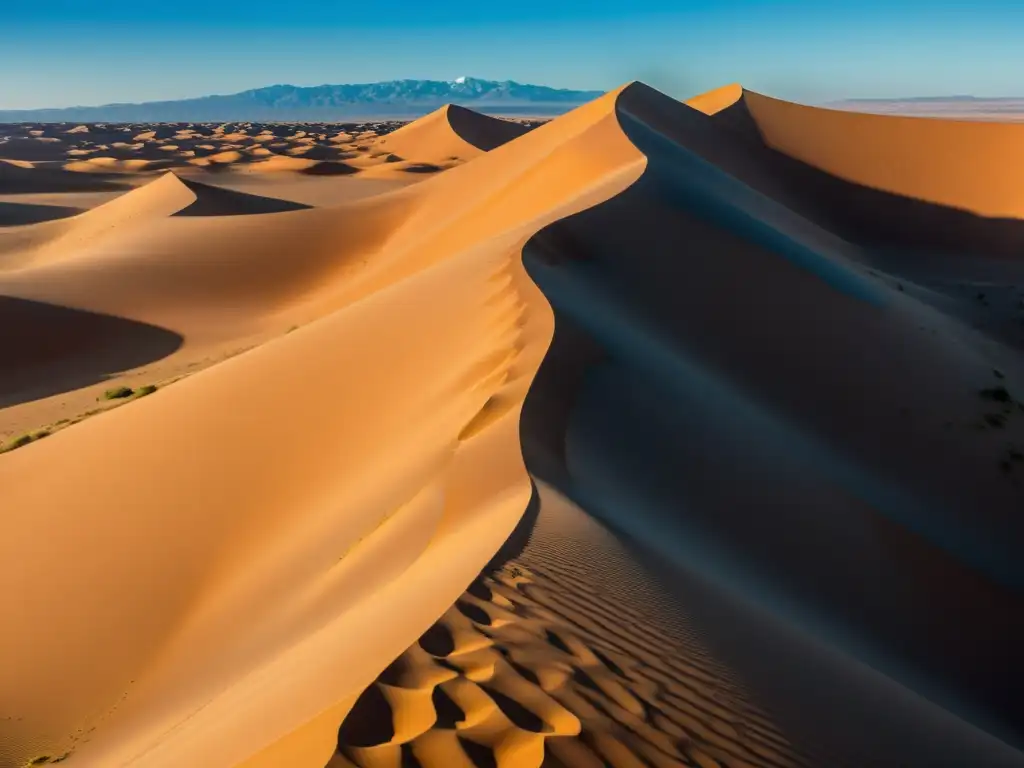 Deslumbrante paisaje desértico en Marruecos, con el sol proyectando largas sombras sobre las dunas de arena