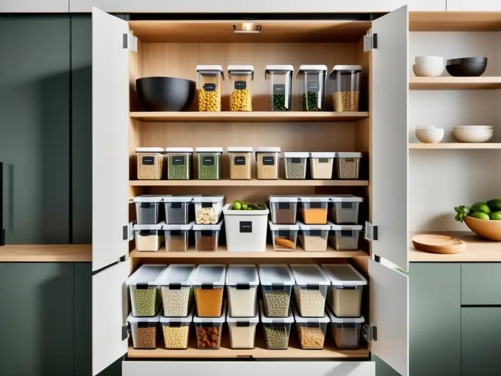 Un despensa de cocina minimalista con sistemas de almacenamiento integrados para hogar sostenible, organizada y llena de luz natural