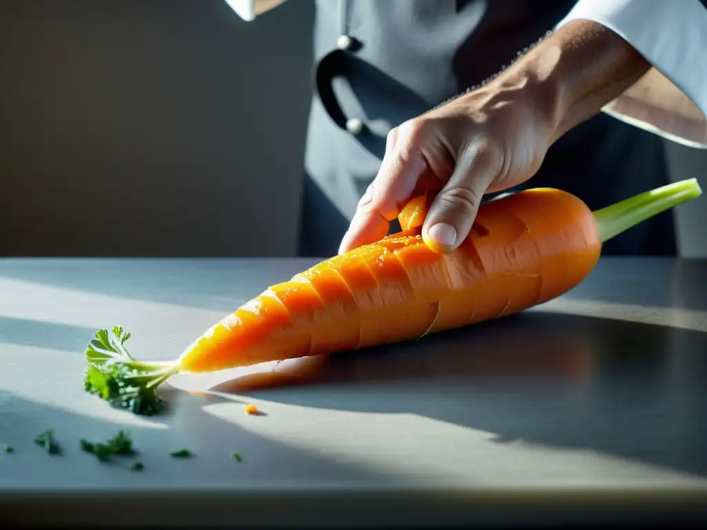 Cocinar sin desperdicio: Un chef pela con destreza una zanahoria vibrante, resaltando su textura y cuidando cada detalle