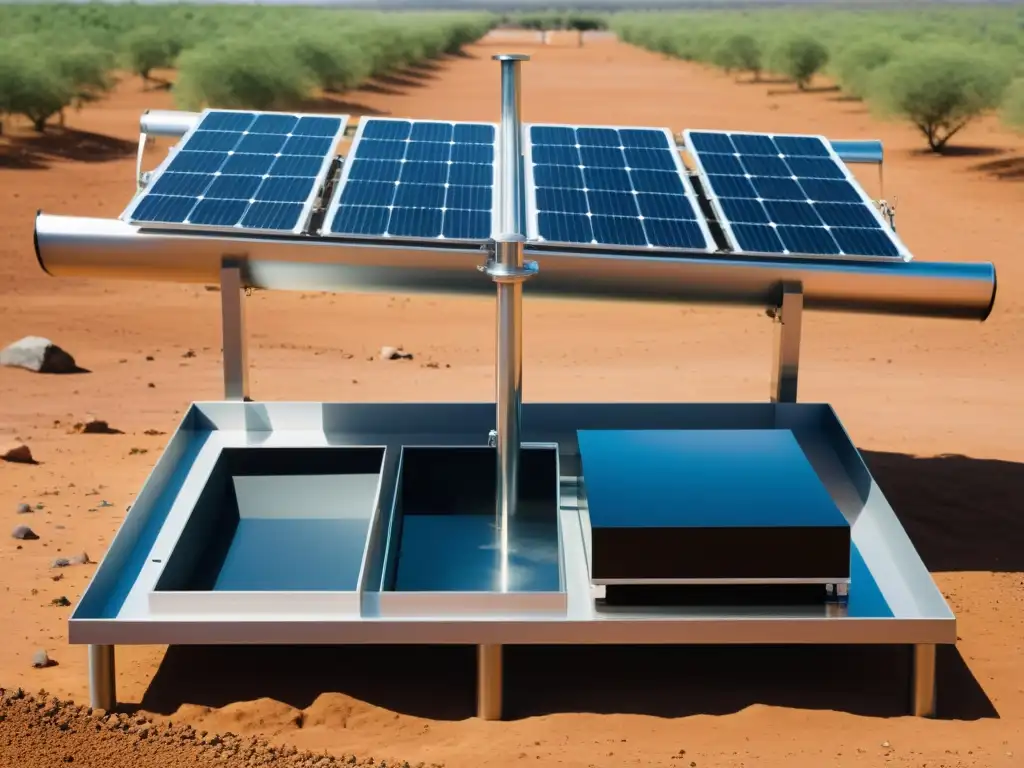 Destilación solar de agua casera: Imagen detallada de un sistema moderno y minimalista que purifica agua con energía solar