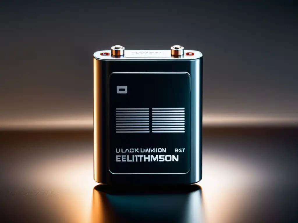 Batería de litio: detalle impresionante Detallada batería de iones de litio negra, con circuitos visibles y luz dramática