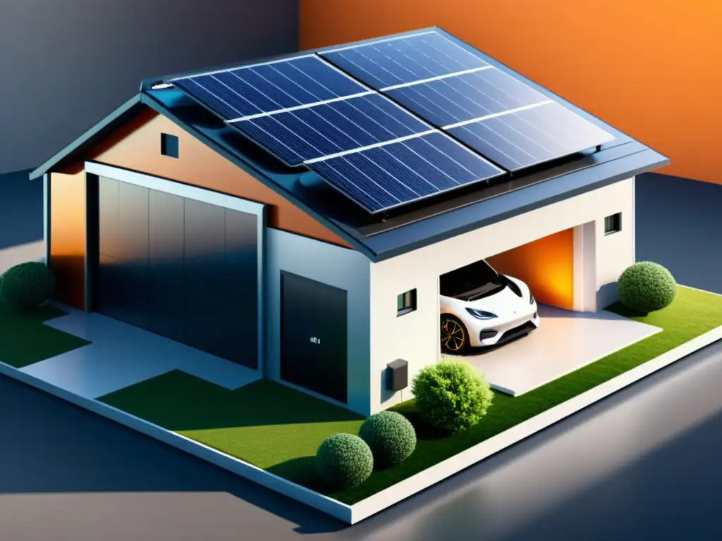 Ilustración detallada de un hogar inteligente sostenible con paneles solares en el techo, almacenamiento de energía y microredes interconectadas