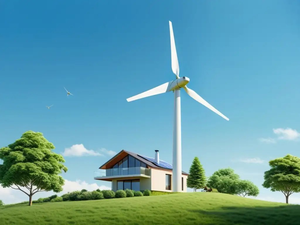 Ilustración sostenible de una casa con molino de viento Ilustración detallada de hogar con turbina eólica y naturaleza exuberante, transmitiendo eficiencia y sostenibilidad