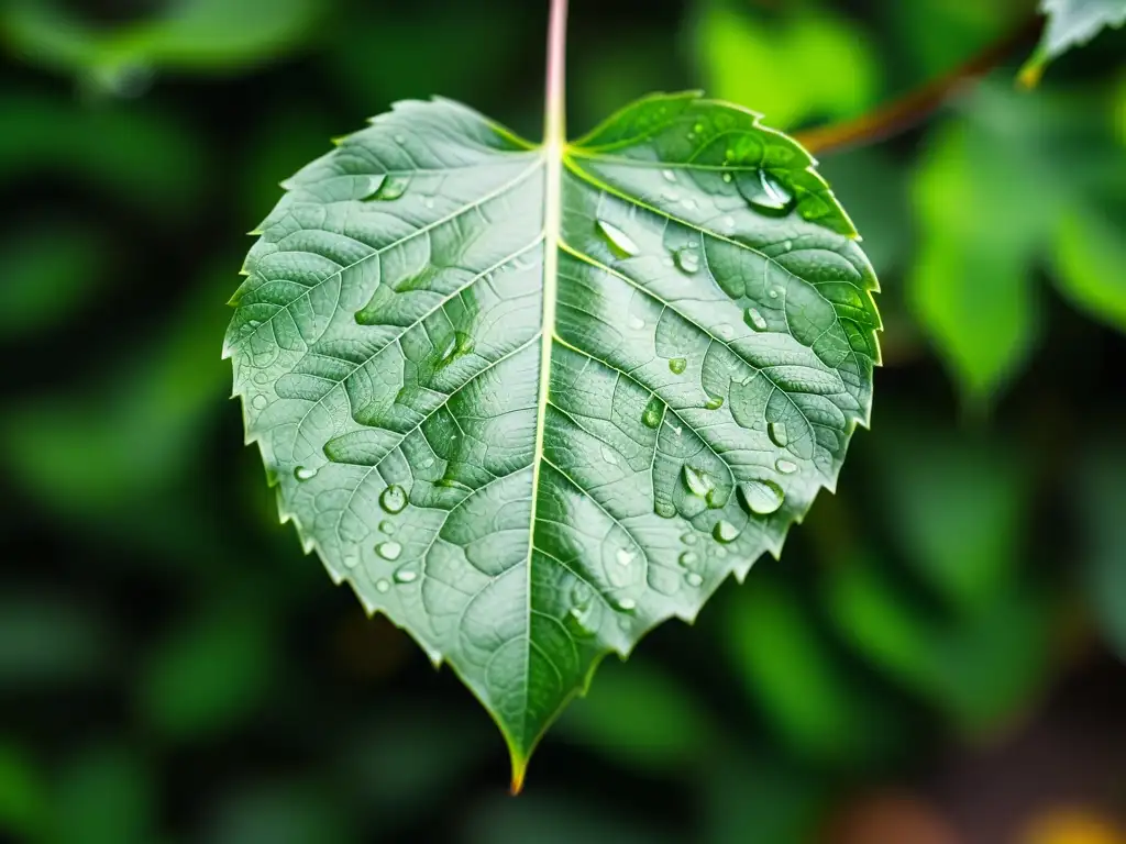 Detallada hoja verde con gotas de agua, enfoque en venas