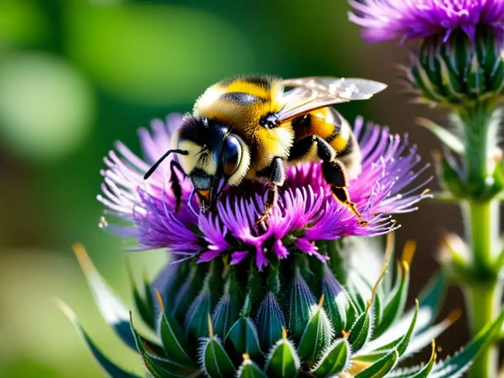 Detallada imagen de un abejorro cubierto de polen junto a una flor de cardo púrpura, creando un contraste vibrante