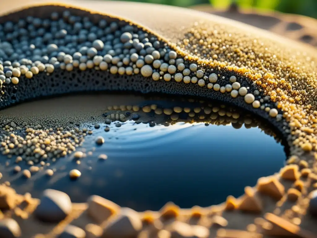 Detallada imagen de un filtro natural de agua en acción, con capas de arena, grava y carbón que eliminan impurezas del agua