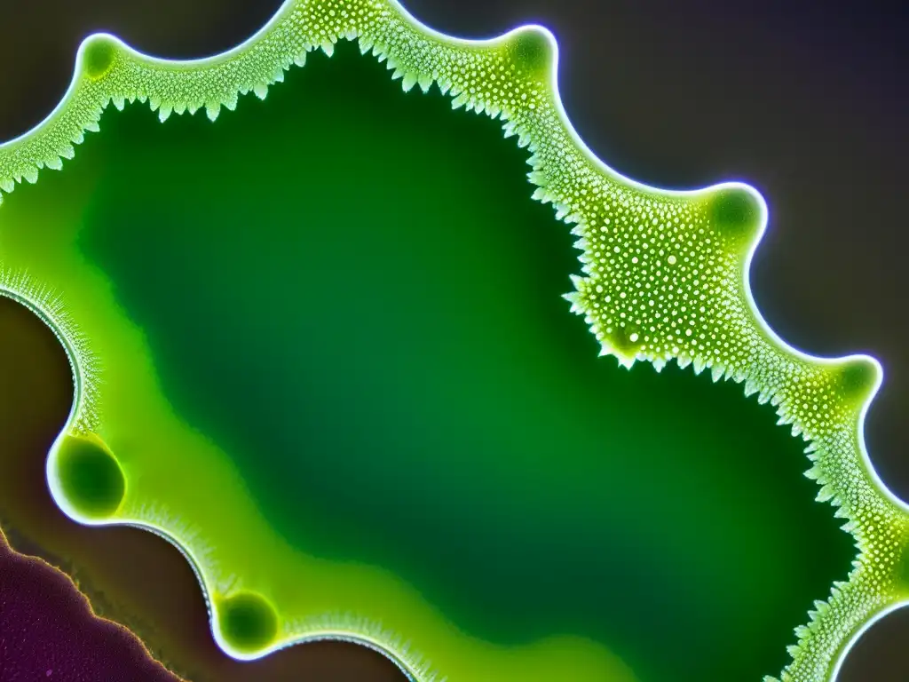 Detallada imagen de microalgas verdes bajo microscopio, con estructuras celulares y pigmentos en detalle