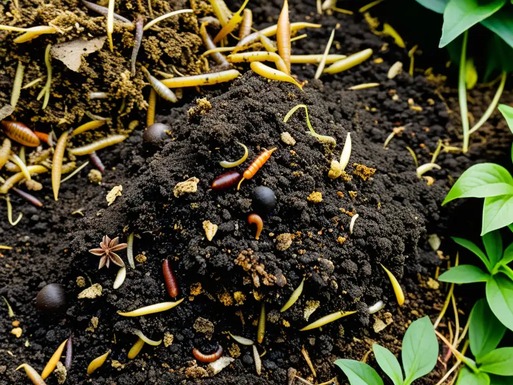 Detallada imagen de un pequeño montón de compost en un patio trasero, resaltando la belleza y beneficios del compostaje para hogar sostenible