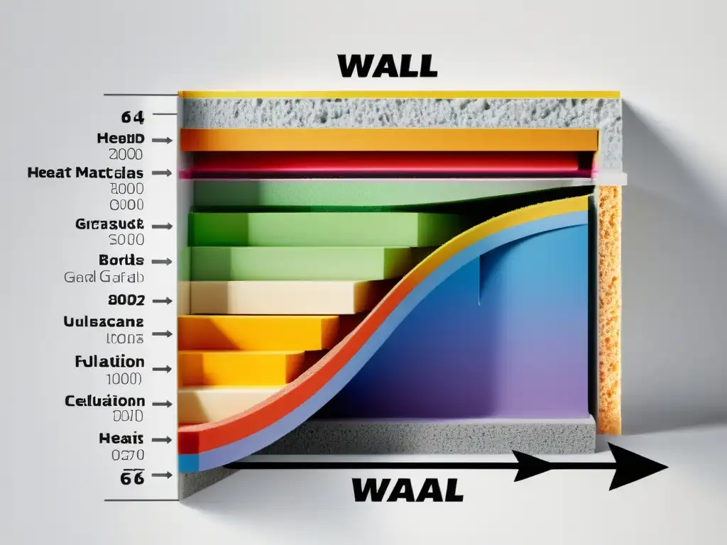 Detallada imagen de sección transversal de pared con aislamientos de espuma, fibra de vidrio y celulosa, indicando flujo de calor