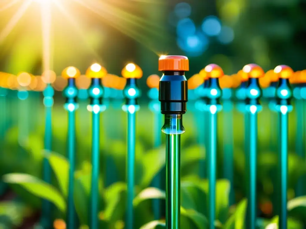 Detallada imagen de un sistema de riego por goteo en un exuberante jardín, mostrando técnicas de riego eficiente para un jardín sostenible