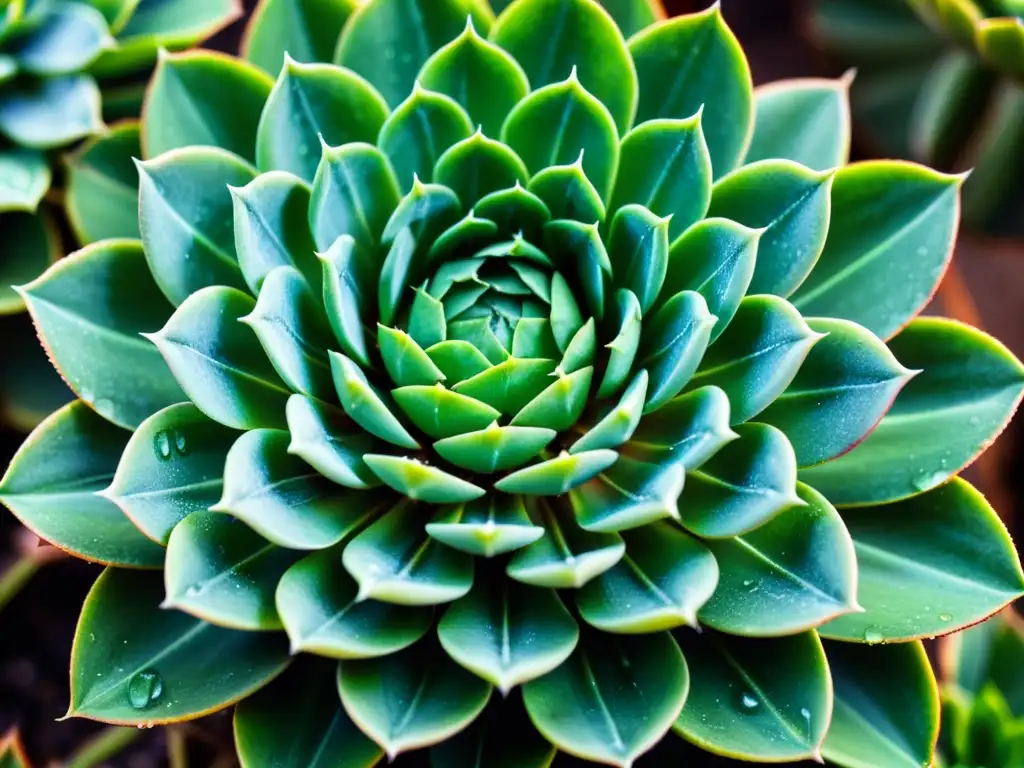 Suculenta vibrante: detalle ultraresiliente Detallada imagen de una suculenta verde vibrante con gotas de agua, resaltando sus patrones y texturas
