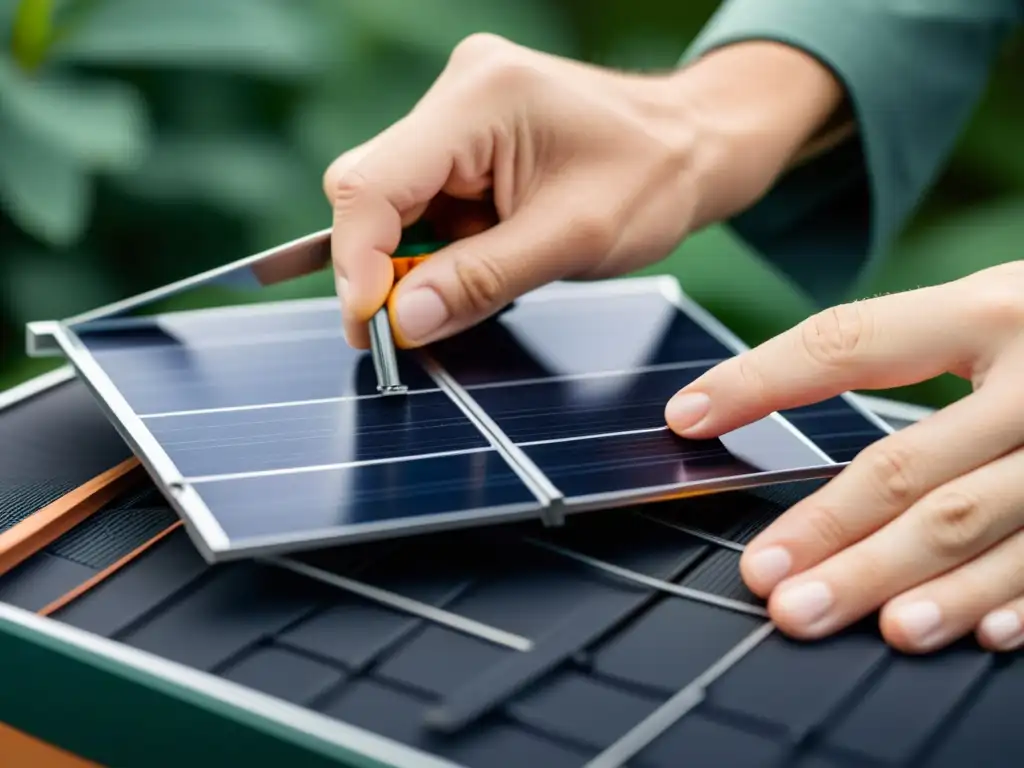 Detallada instalación de panel solar en taller práctico de energías renovables para el hogar, con manos expertas y ambiente profesional