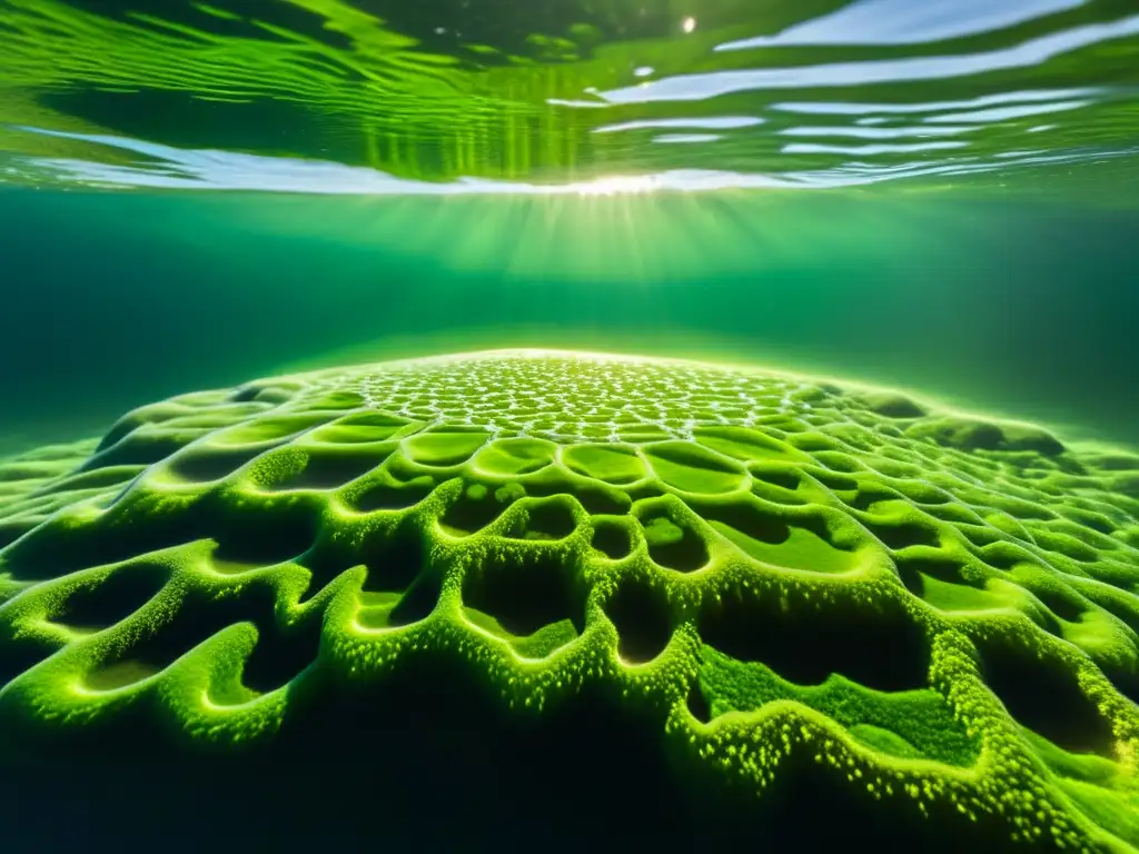 Detalle de algas verdes flotando en agua clara, con patrones e texturas visibles en cada célula