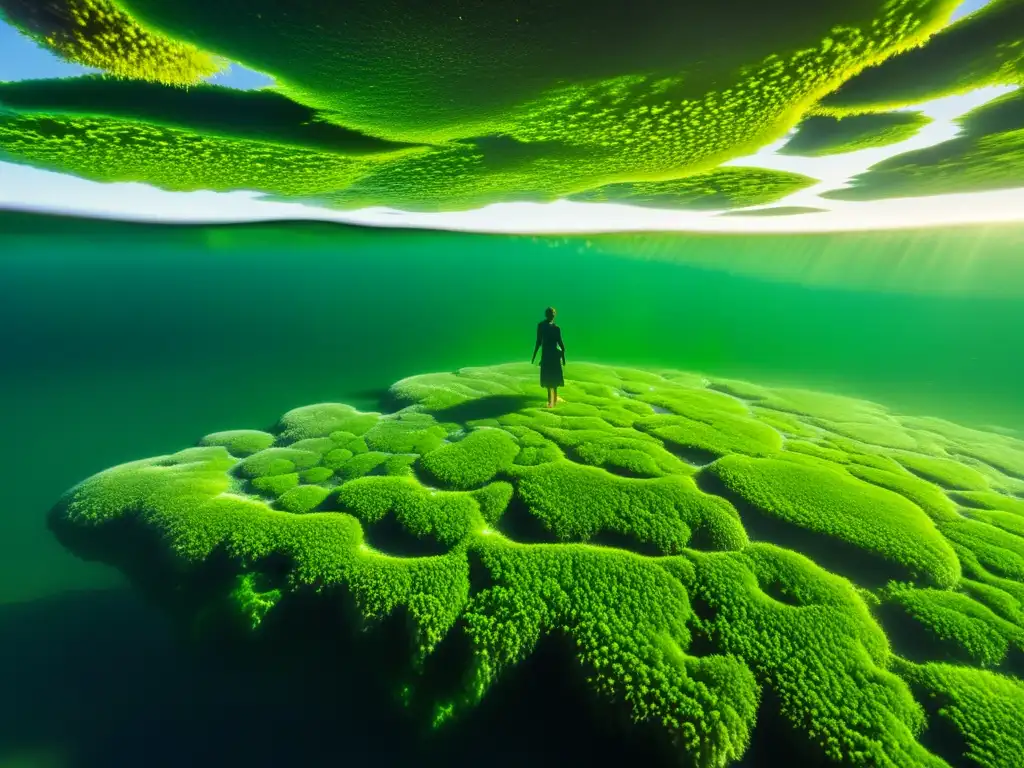 Detalle de algas verdes vibrantes flotando en agua cristalina, con patrones e texturas