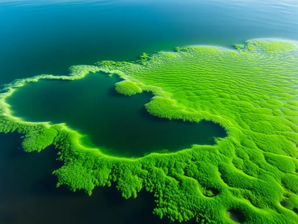 Detalle de algas verdes vibrantes flotando en agua clara y centelleante, cultivar algas para energía sostenible