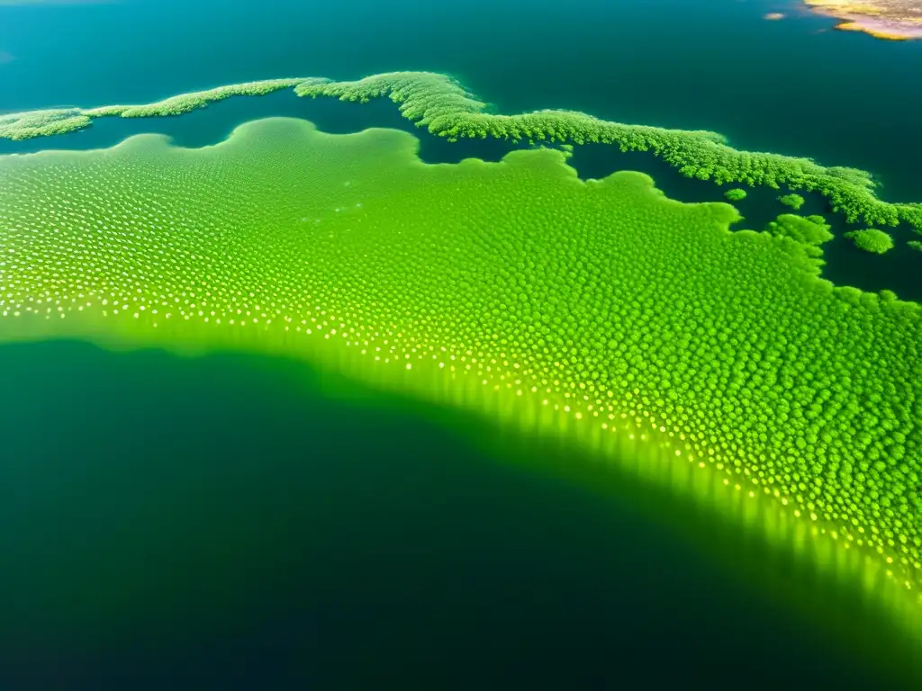 Detalle asombroso de algas verdes en agua cristalina, con patrones de luz y sombra