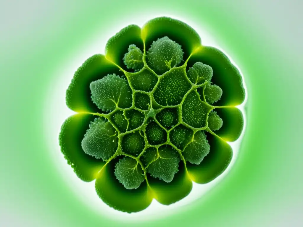 Detalle asombroso de una célula de microalga, resaltando su estructura y color verde intenso