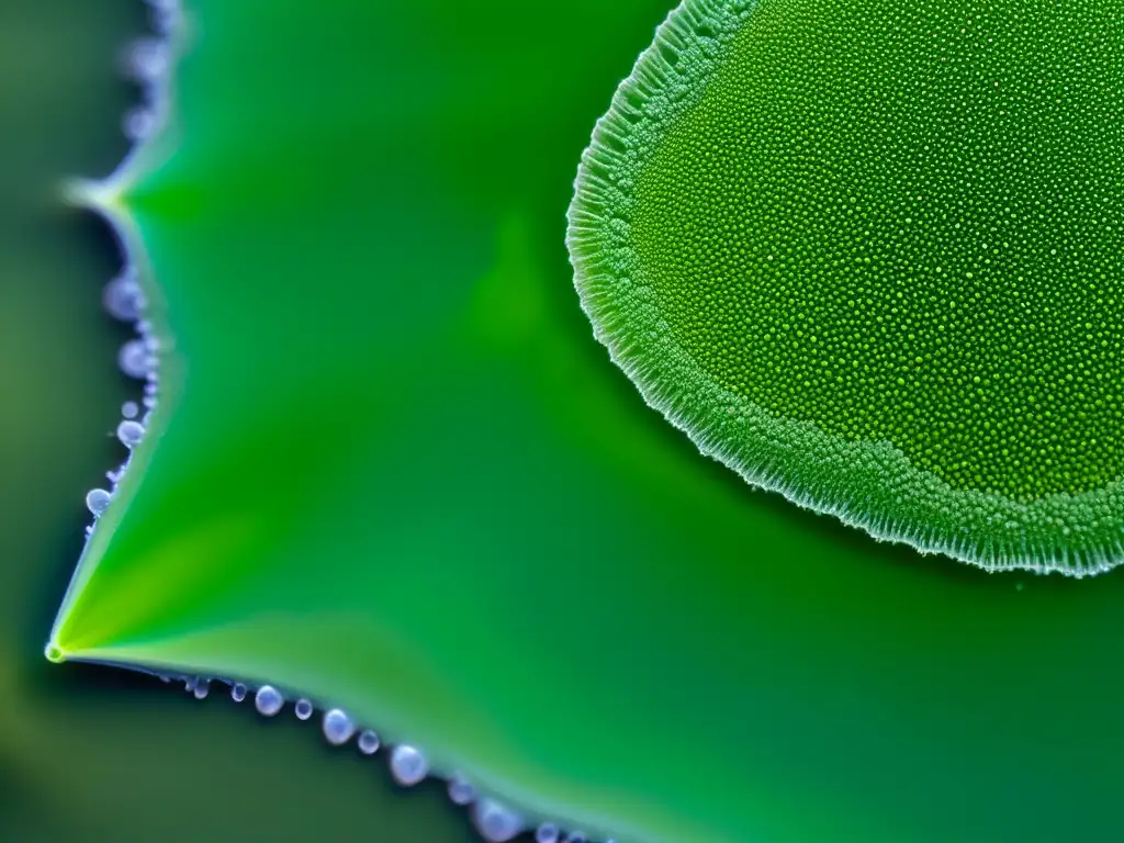 Detalle asombroso de microalgas verdes bajo microscopio, revelando su belleza e importancia como fuente bioenergética sostenible