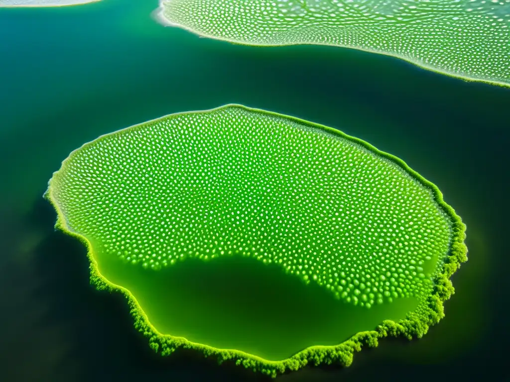 Detalle asombroso de microalgas verdes en agua clara, con patrones celulares y clorofila visible