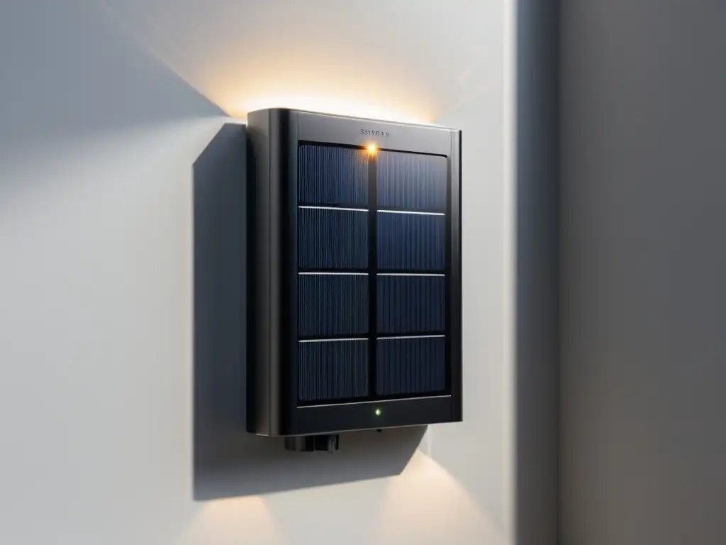 Detalle de batería solar eficiente para casa sostenible en pared blanca con luz natural