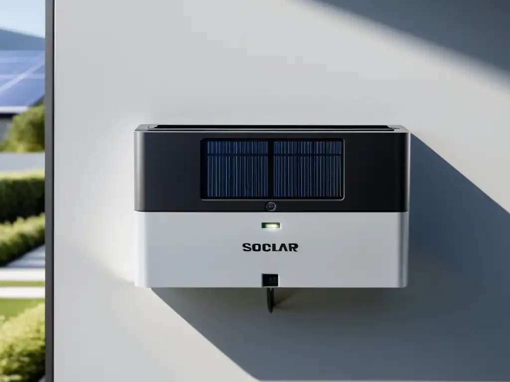 Detalle de baterías solares para hogar, eficiencia máxima y diseño sofisticado en una pared blanca