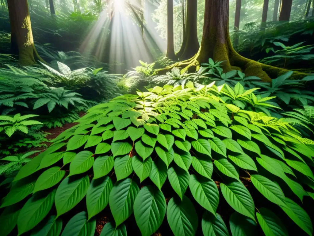 Detalle de un bosque exuberante, con luz solar filtrándose a través del dosel y creando patrones de luz y sombra en el suelo del bosque