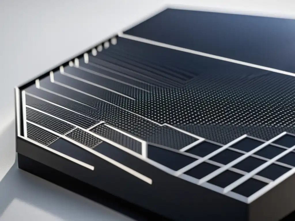 Detalle de celdas solares orgánicas de alta eficiencia energética, con patrones geométricos en negro sobre fondo blanco