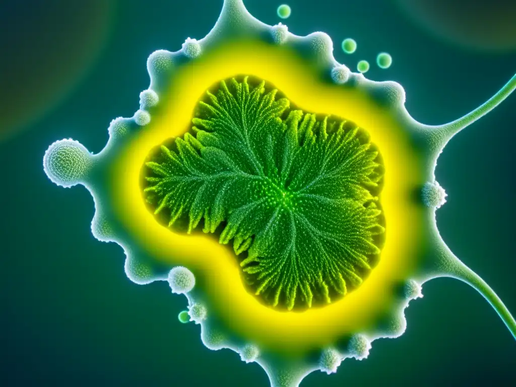 Detalle de célula de alga verde bajo microscopio, mostrando compleja genética y potencial para bioenergía