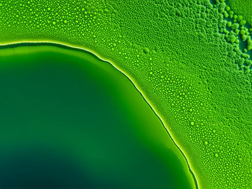 Detalle de células de algas verdes bajo microscopio, destacando su estructura genética