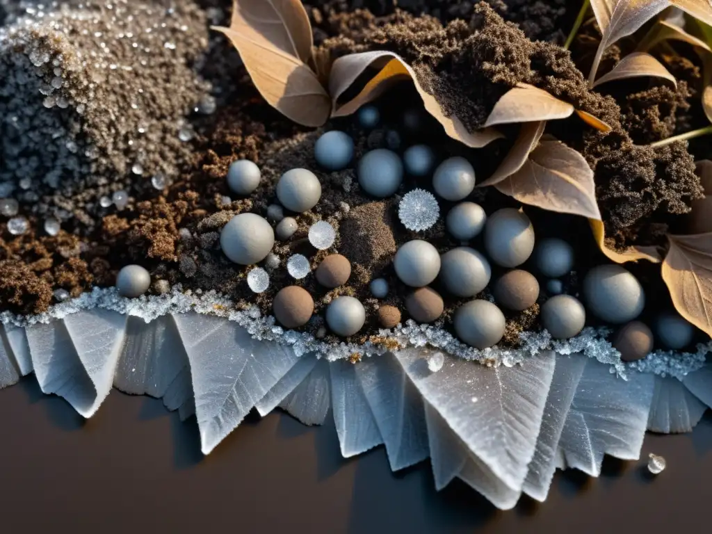 Detalle de compost cubierto de escarcha en invierno, evocando la belleza tranquila del compostaje sostenible