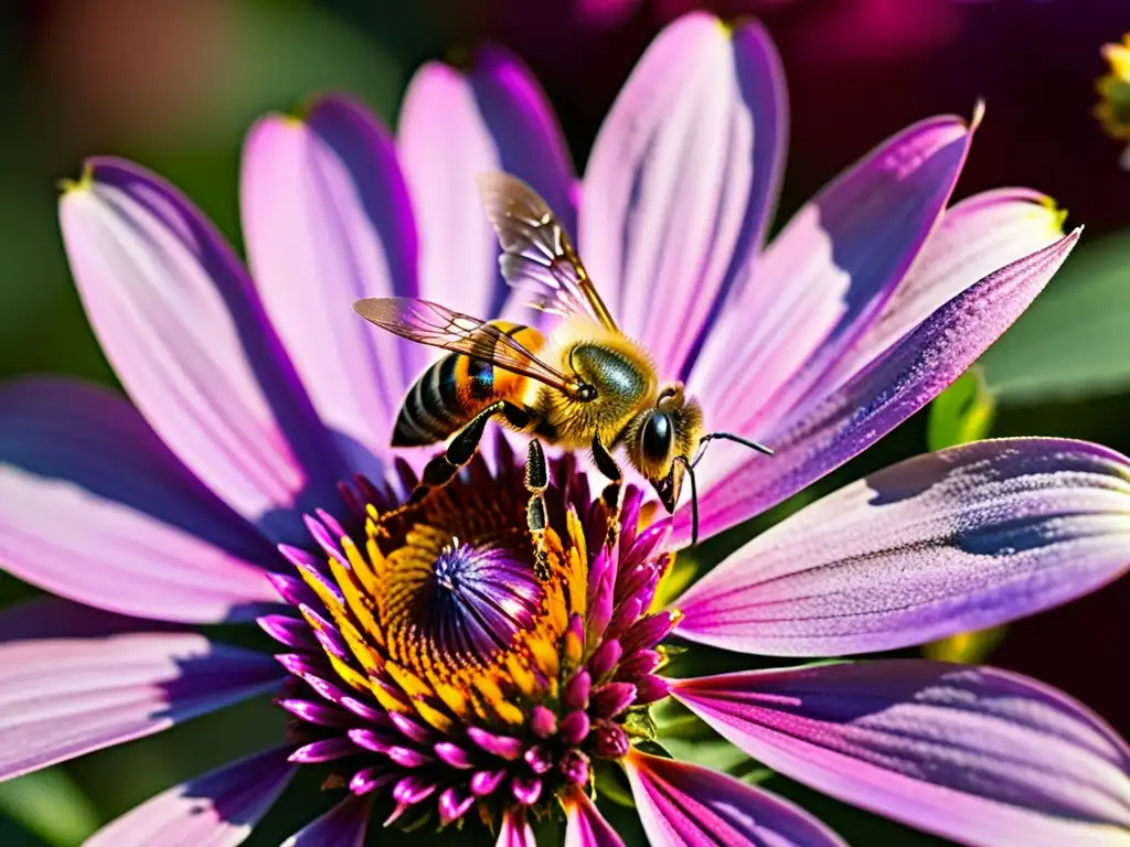 Detalle espectacular de abeja polinizando flor morada, destacando la importancia de los polinizadores en jardines sostenibles