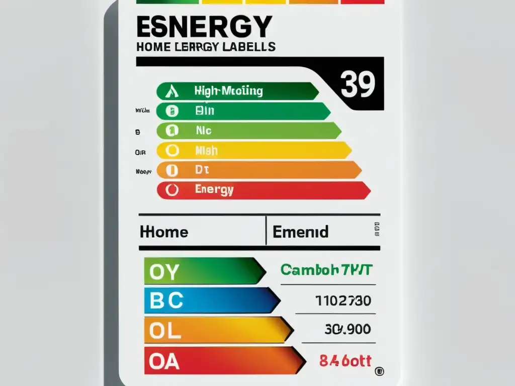 Detalle de etiqueta energética de hogar con diseño minimalista y eficiencias colorcodificadas