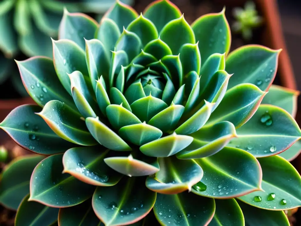 Detalle de una exuberante planta suculenta verde con gotas de agua brillantes bajo la luz solar