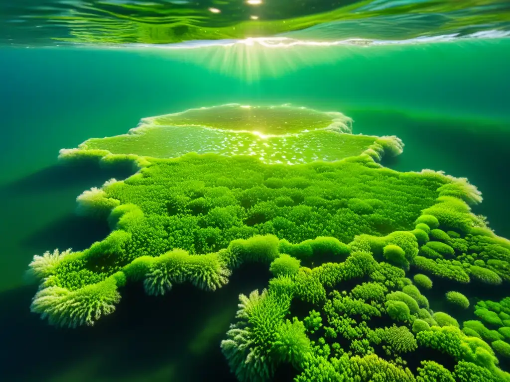 Detalle fascinante de algas verdes flotando en agua clara, iluminadas por el sol