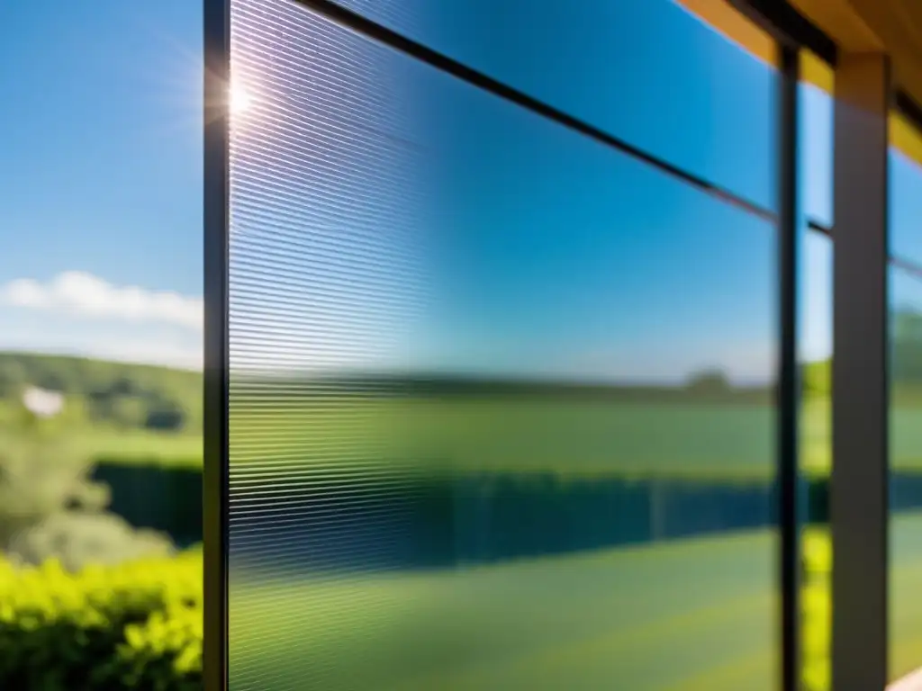 Detalle de film solar fotovoltaico para ventanas, integrando tecnología solar con diseño arquitectónico moderno