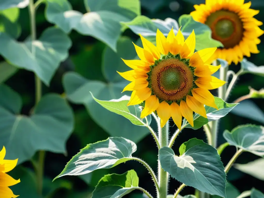 Detalle de girasoles en jardín casero, hojas verdes vibrantes y flores amarillas