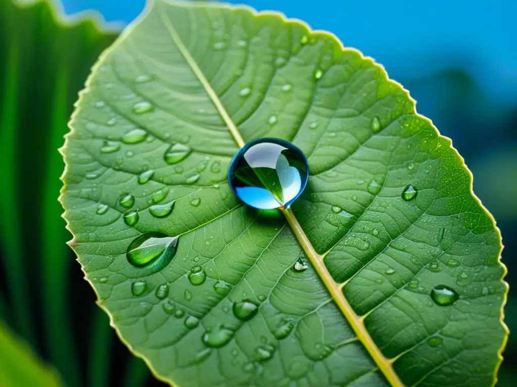 Detalle de una gota de lluvia en una hoja, reflejando un bosque exuberante y un cielo azul despejado