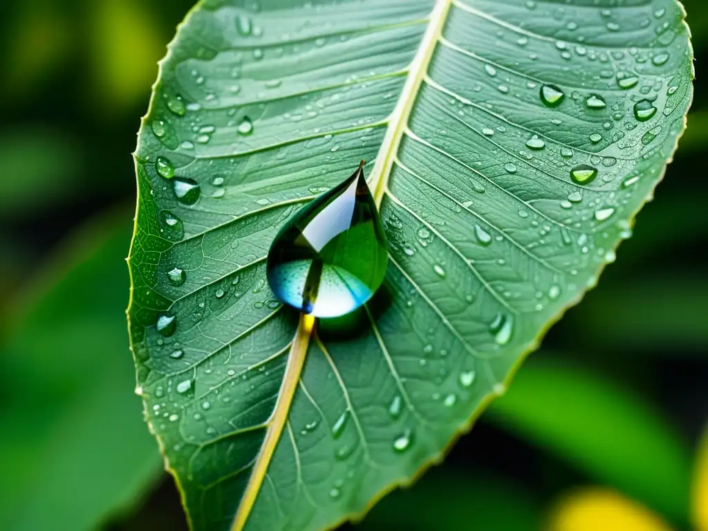 Detalle de una gota de lluvia en una hoja verde vibrante, reflejando el jardín