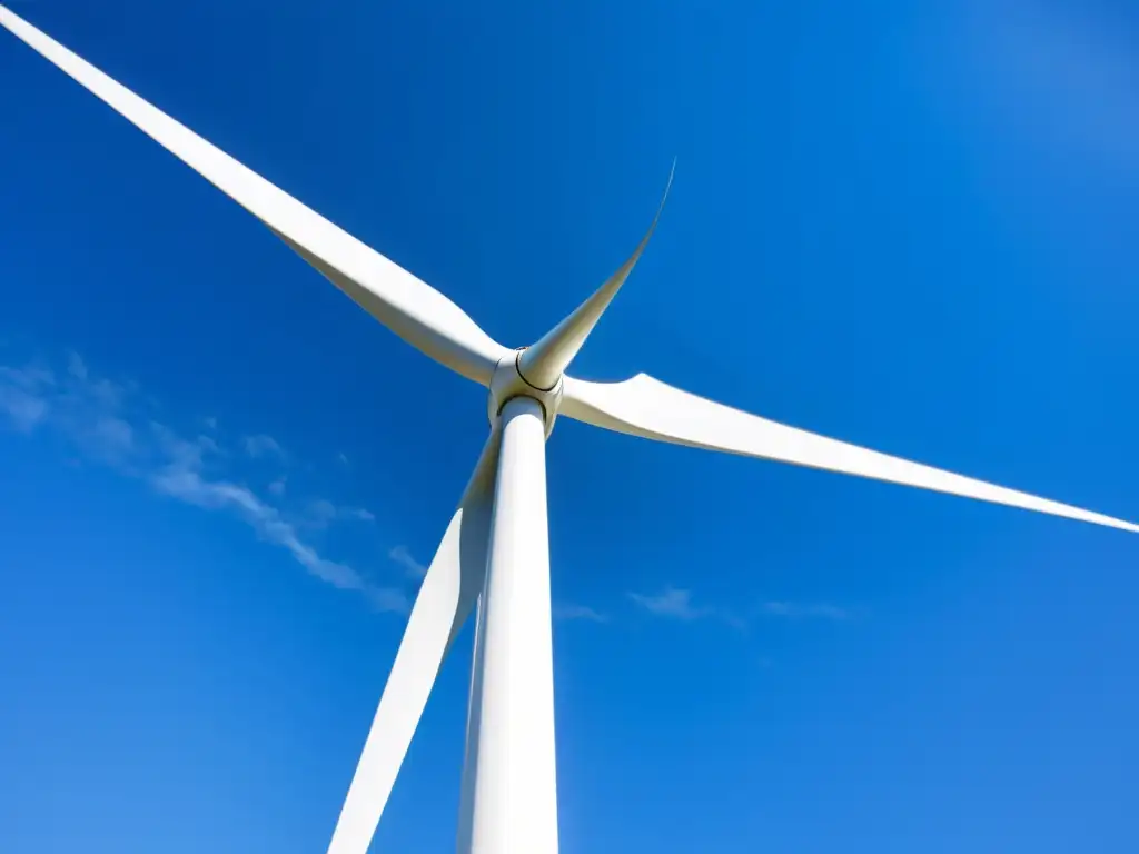 Detalle de una hoja de turbina eólica de materiales innovadores, reflejando la luz en un cielo azul claro