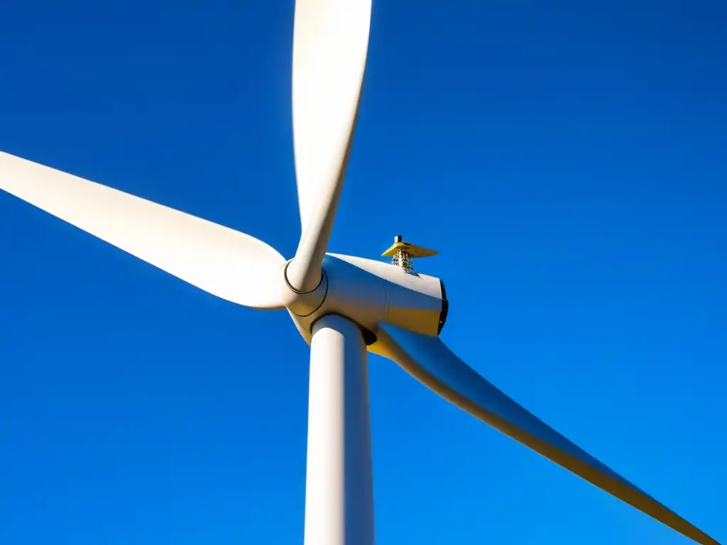 Detalle de la hoja de una turbina eólica, resaltando materiales innovadores y diseño aerodinámico en contraste con el cielo azul