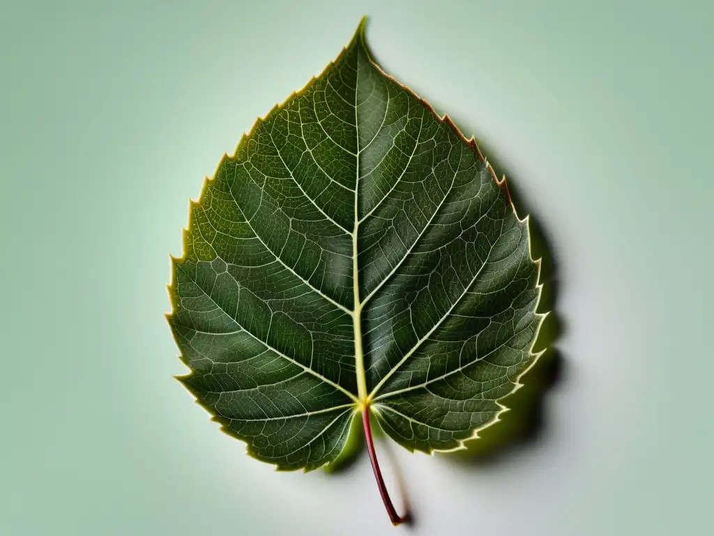 Detalle de una hoja verde con delicadas venas y sutil variación de color, resaltando la belleza natural